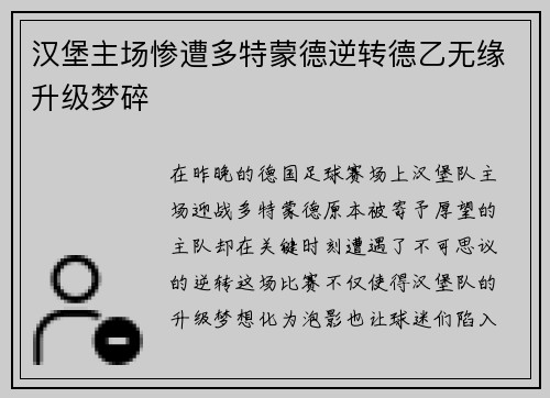 汉堡主场惨遭多特蒙德逆转德乙无缘升级梦碎
