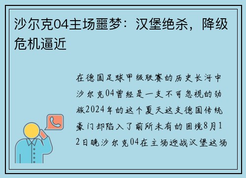 沙尔克04主场噩梦：汉堡绝杀，降级危机逼近